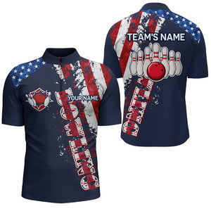 Patriotic Men's Bowling Shirt Quarter-Zip, Custom Name Men Bowlers Jersey American Flag NBZ95