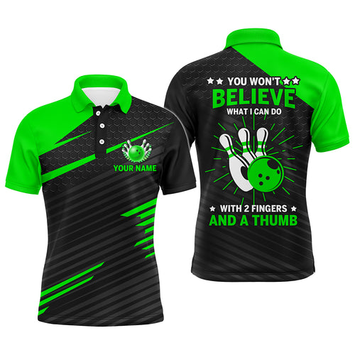 Funny Bowling Polo Shirt for Men, Green & Black Custom Bowling Jersey, 2 Fingers and A Thumb NBP169