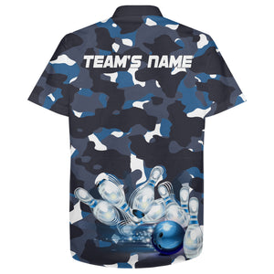 Blue Camo Hawaiian Bowling Shirt for Men Women, Custom Team Name Short Sleeve Bowlers Jersey NBH94