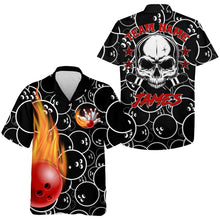 Load image into Gallery viewer, Personalized Flame Hawaiian Bowling Shirt, Men Women Skull Pins Black Bowlers Short Sleeve Jersey NBH02