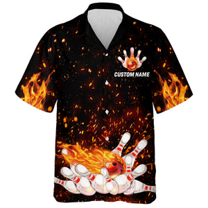 Flame Hawaiian Bowling Shirt, Personalized Team Bowlers Jersey Short Sleeve Button Down Fire Bowling NBH65