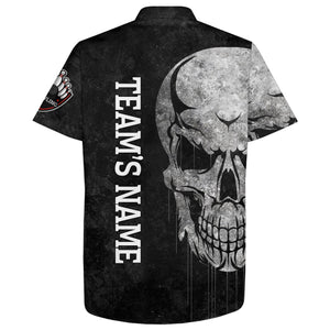 Men Women Skull Hawaiian Bowling Shirt, Patriotic Custom Name Black Bowlers Jersey American Flag NBH93