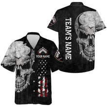 Load image into Gallery viewer, Men Women Skull Hawaiian Bowling Shirt, Patriotic Custom Name Black Bowlers Jersey American Flag NBH93