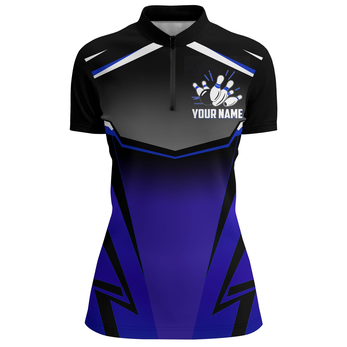 Custom Bowling Shirt for Women Kingpins Blue Quarter-Zip Bowling Shirt with Name Ladies Bowl Jersey NBZ181