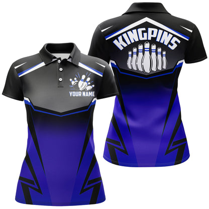 Custom Bowling Shirt for Women Kingpins Blue Polo Bowling Shirt with Name, Ladies Bowling Jersey NBP181