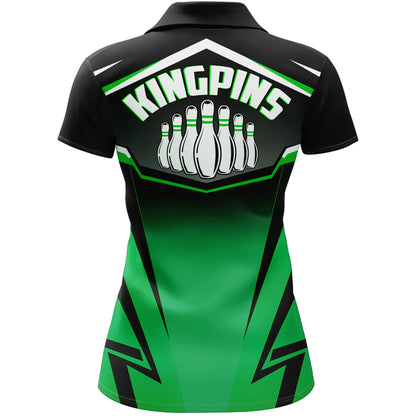 Custom Bowling Shirt for Women Kingpins Green Polo Bowling Shirt with Name, Ladies Bowling Jersey NBP182