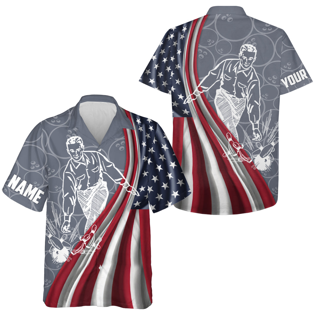 Patriotic Hawaiian Bowling Shirt for Men Women, American Flag Custom Name Bowler Jersey Short Sleeve NBH97