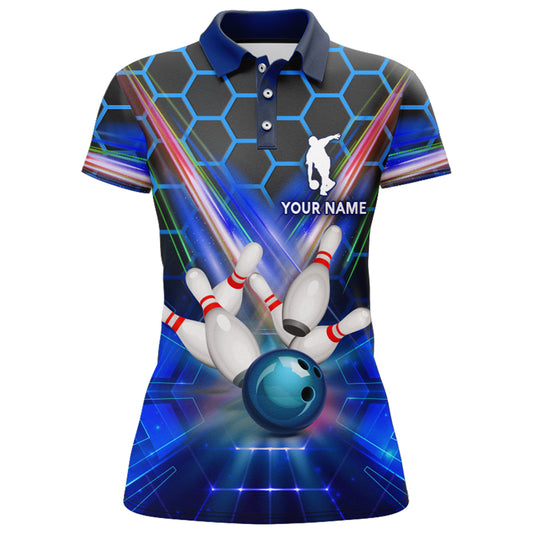 Blue Bowling Shirt For Women Custom Name Polo Bowling Jersey 3D Ladies Bowling Team Shirt BDT44