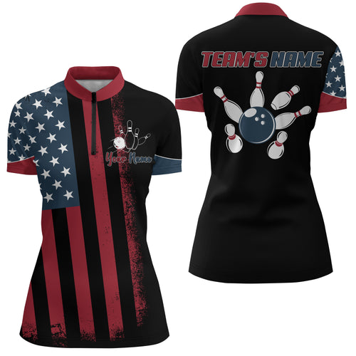 USA Flag Bowling Quarter-Zip Shirt Women Custom Bowling Jersey Patriotic Bowling Team League Shirt BDT113