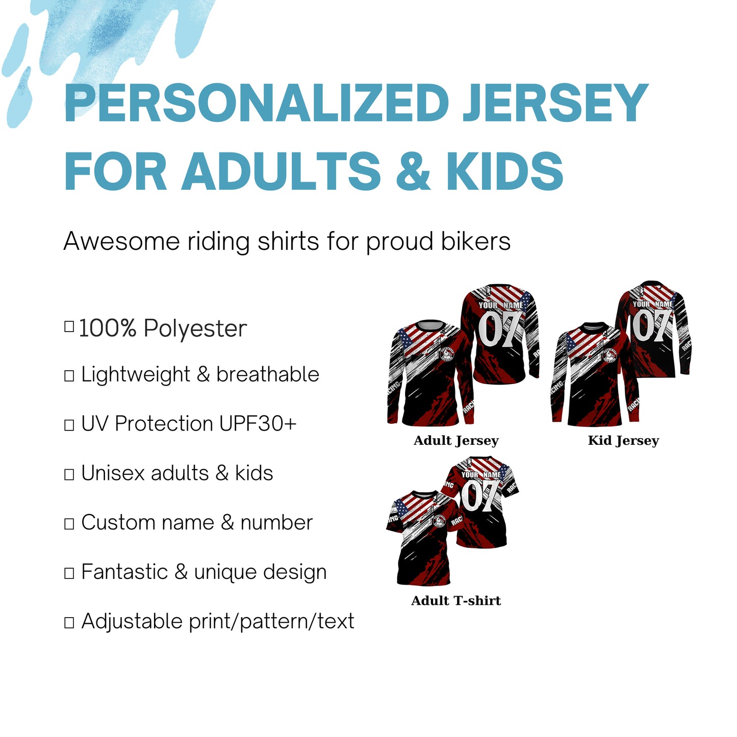 Personalized USA flag Motocross jersey UPF30+ dirt bike off-road shirt kid men women Patriotic PDT352