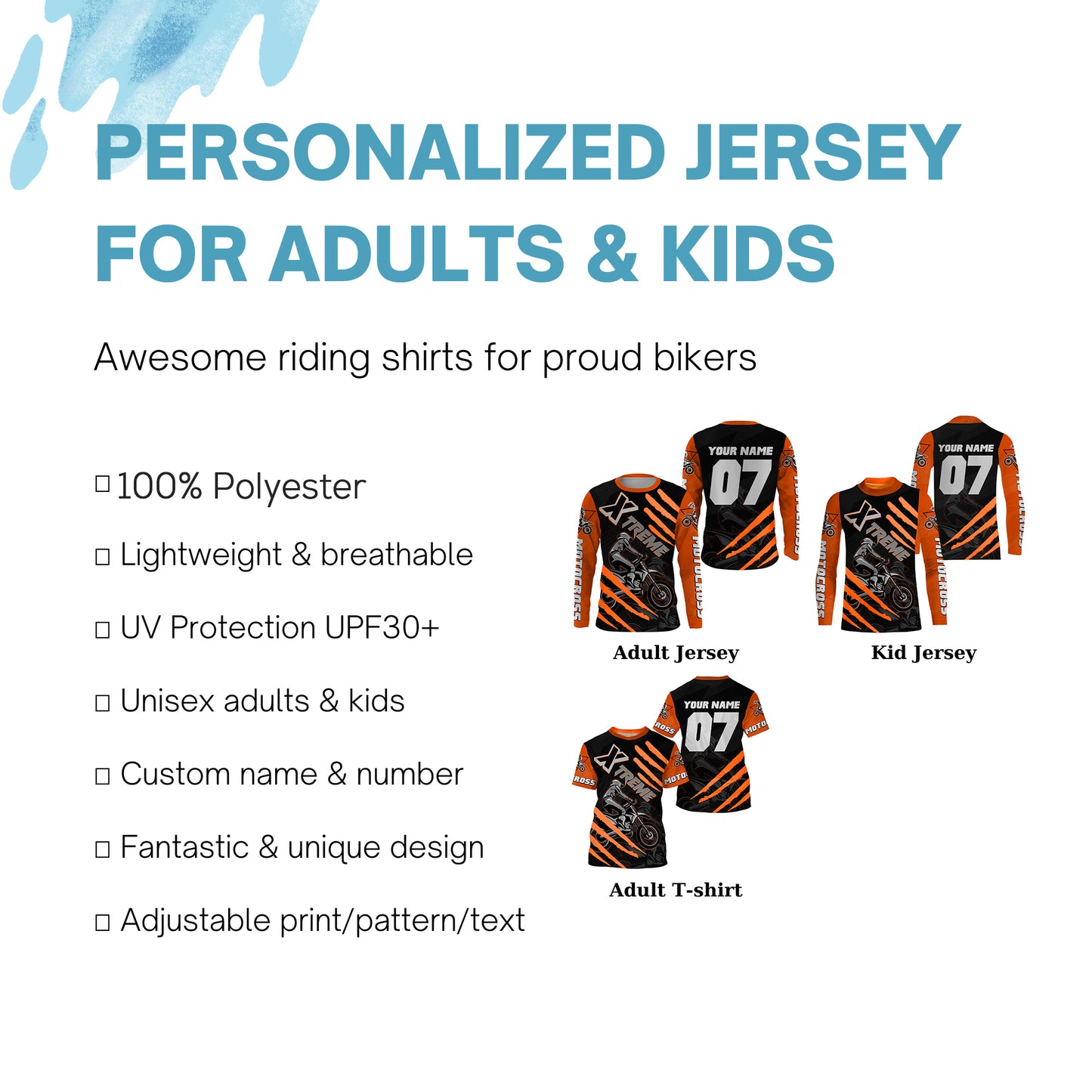 Xtreme Motocross kid&adult custom UV orange MX jersey biker racing shirt motorcycle long sleeves PDT224