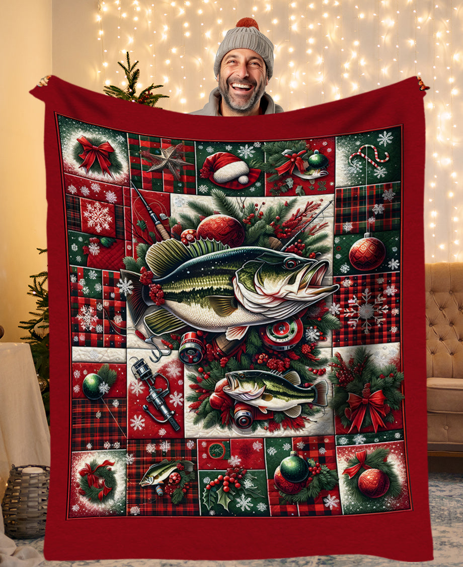 Christmas Largemouth Bass Fishing Fleece Blanket, Christmas Bass Fishing Gifts For Fisherman IPHW5670