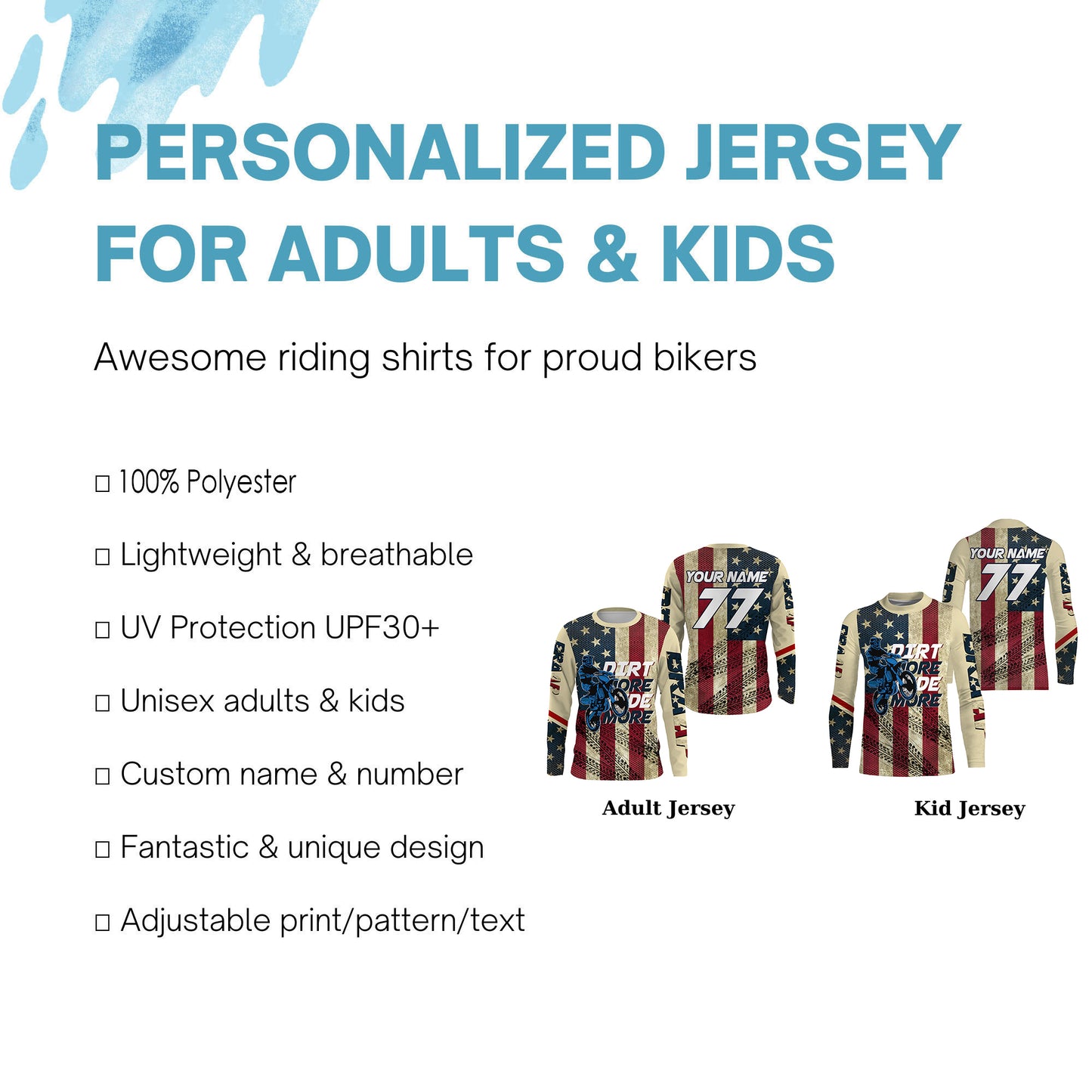 Kid&Adult Custom Motocross Jersey UPF30+ American Flag Dirt Bike MX Racing Dirt More Ride More NMS1153