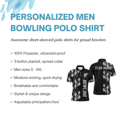 Personalized Men Polo Bowling Shirt, Custom Name Argyle Pattern Bowler Team Jersey NBP23