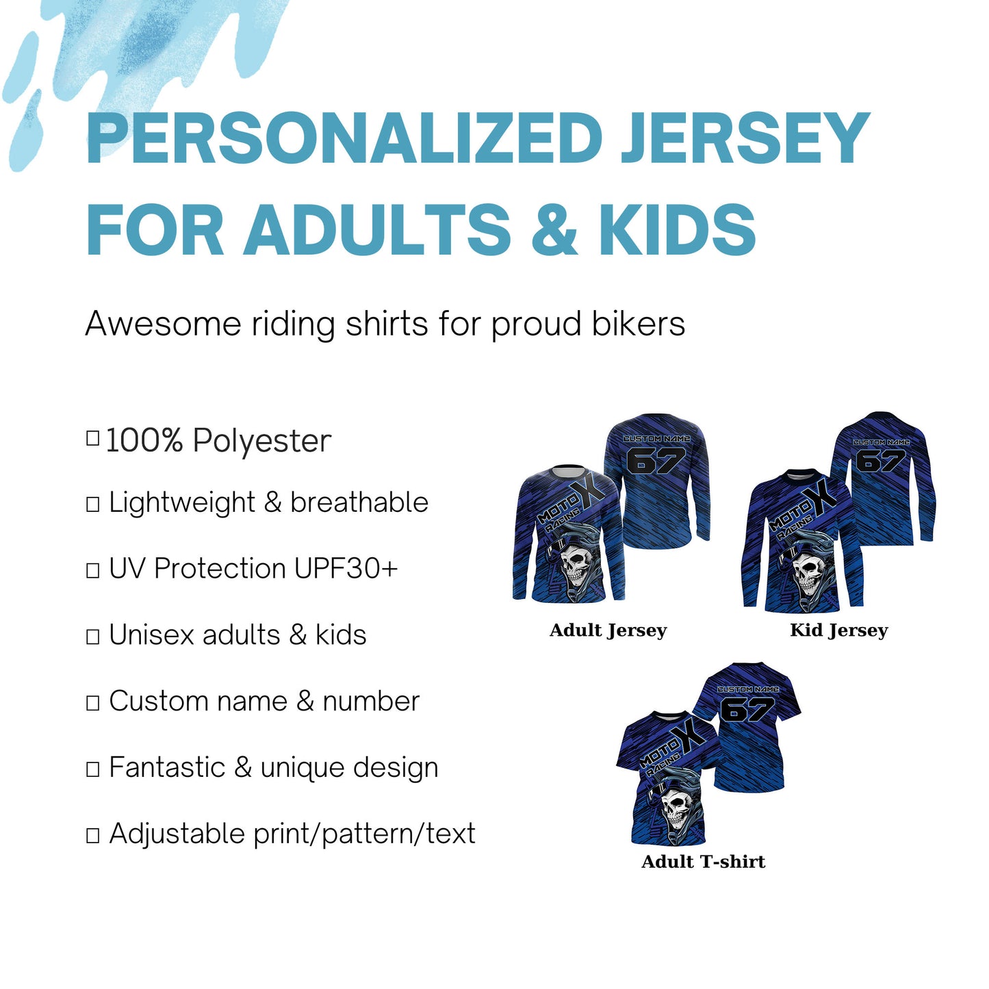 Motocross jersey youth adult blue MotoX personalized skull dirt bike off-road UV riding motorcycle PDT162