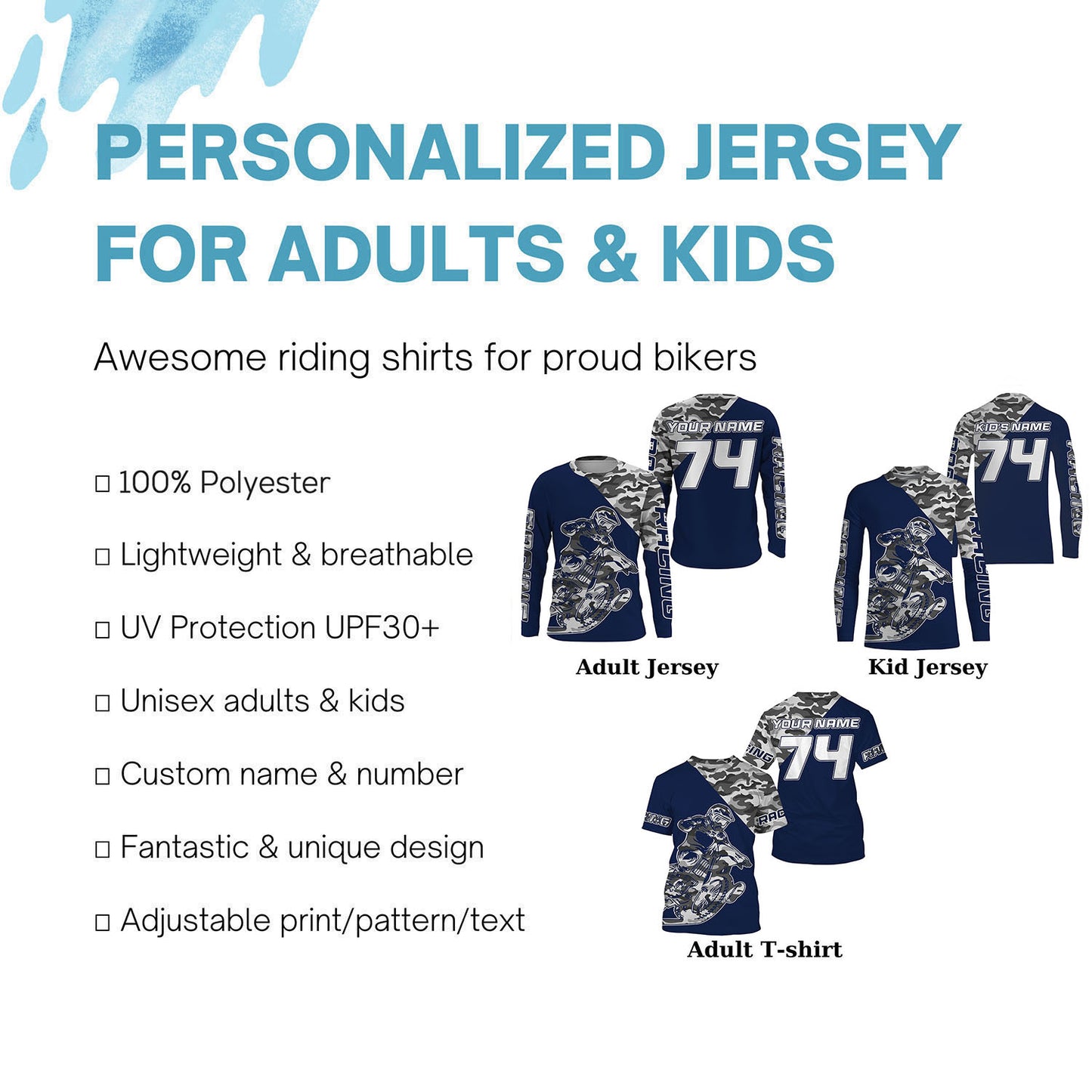 Blue camo custom name&number Motocross racing jersey kids men women UV dirt bike shirt motorcycle PDT133