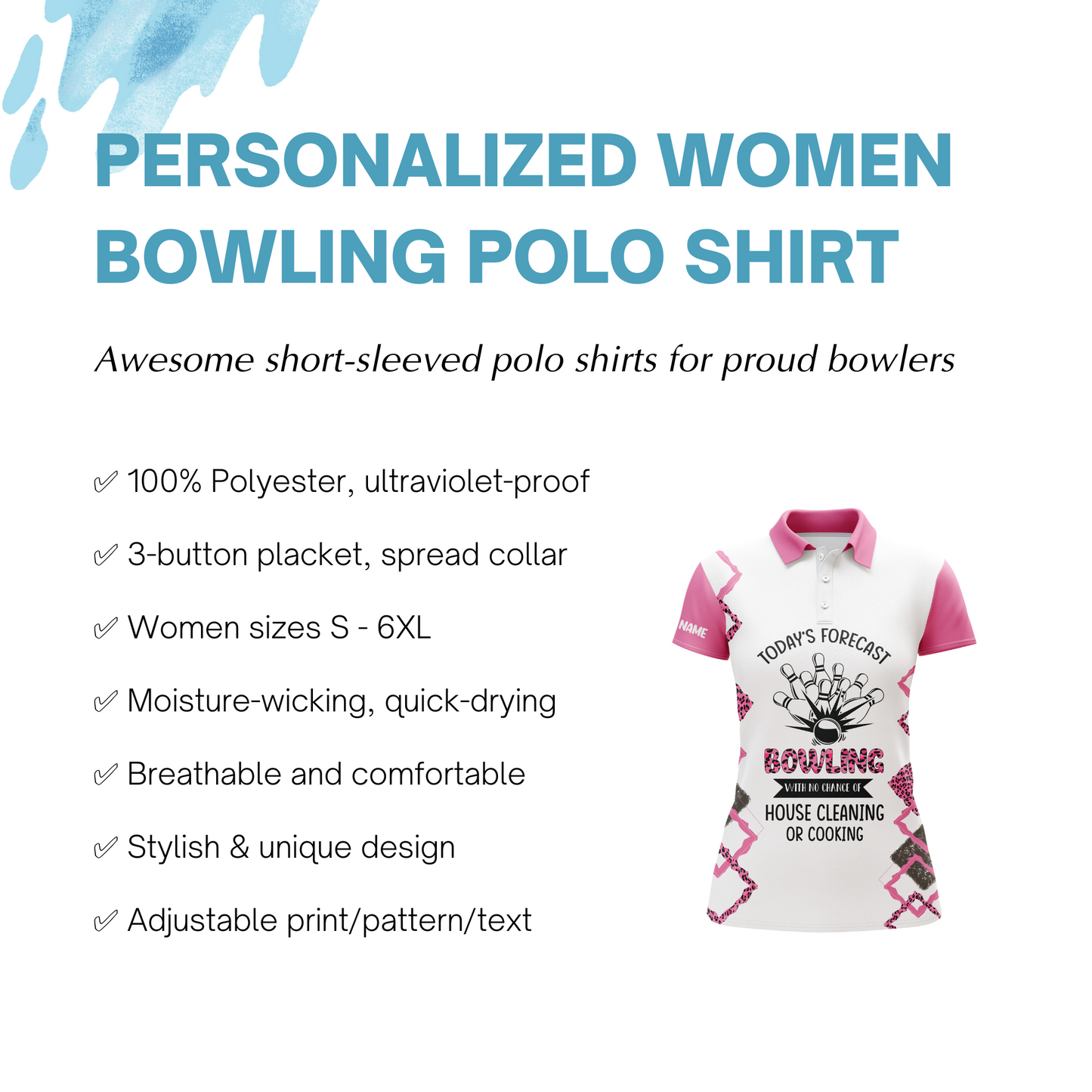 Personalized Women Polo Bowling Shirt Funny Pink Short Sleeve Team Polo Female Bowlers Jersey NBP08