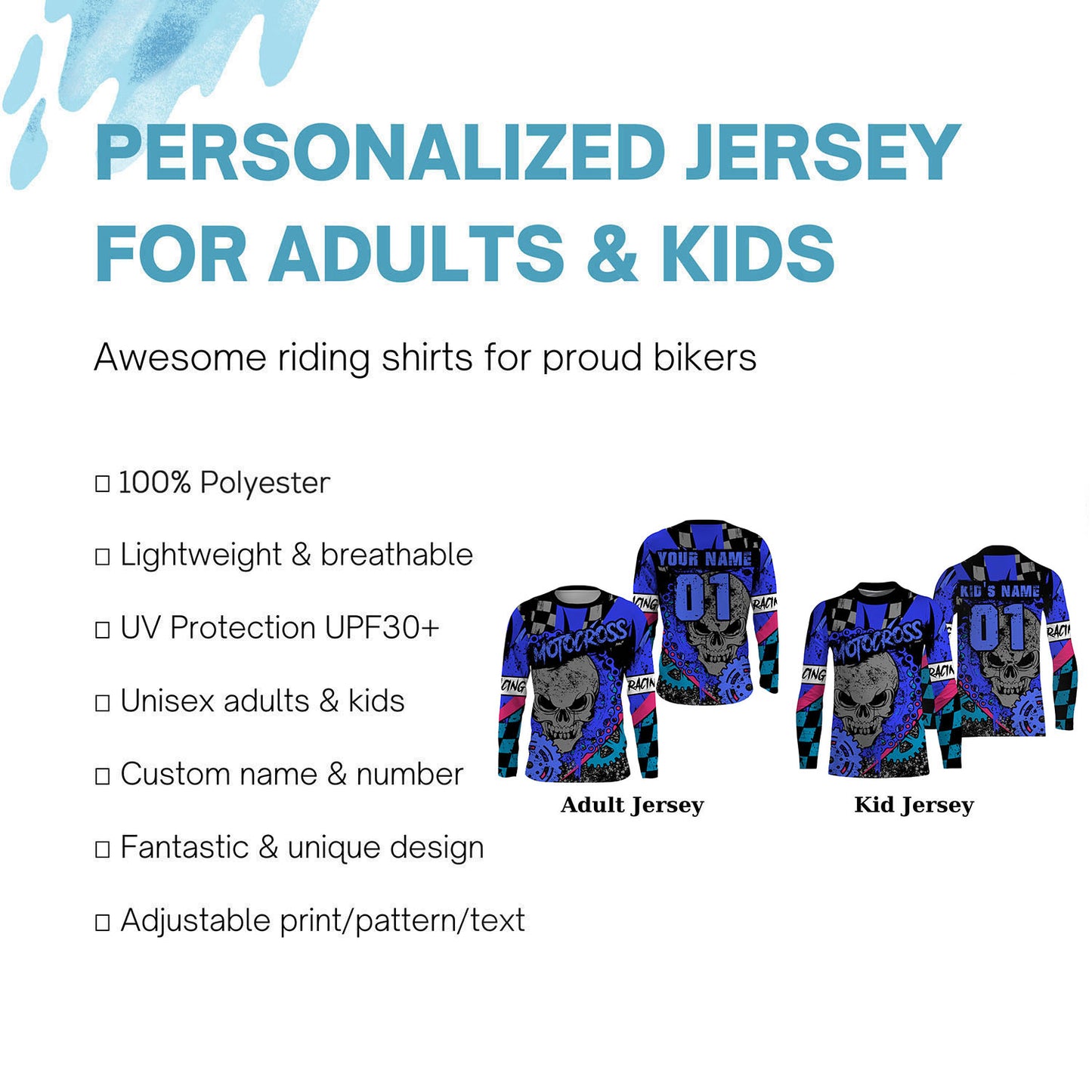 Skull Motocross Jersey Personalized UPF30+ Youth&Adult Dirt Bike MX Racing Off-road Long Sleeves NMS1259