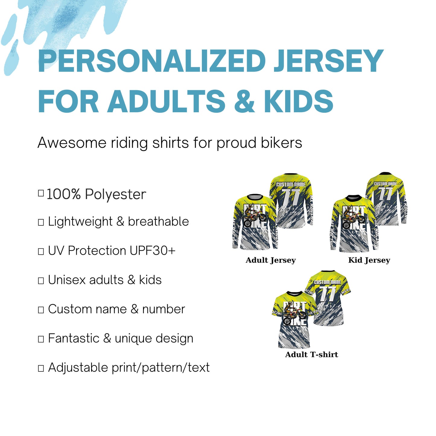 Dirt bike riding jersey Motocross custom off-road MX UPF30+ youth men women racing motorcycle PDT123