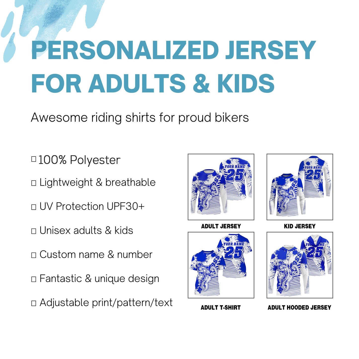 Kids men women jersey for dirt bike custom UPF30+ blue off-road Motocross racing shirt racewear PDT105