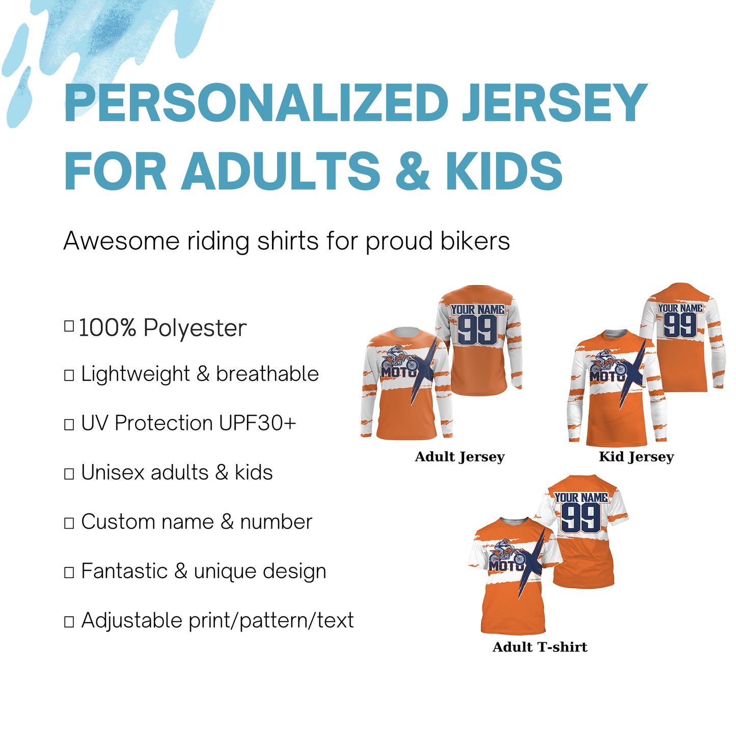 Custom name number dirt bike racing jersey orange kids men Motocross off-road UPF30+ MotoX shirt PDT126