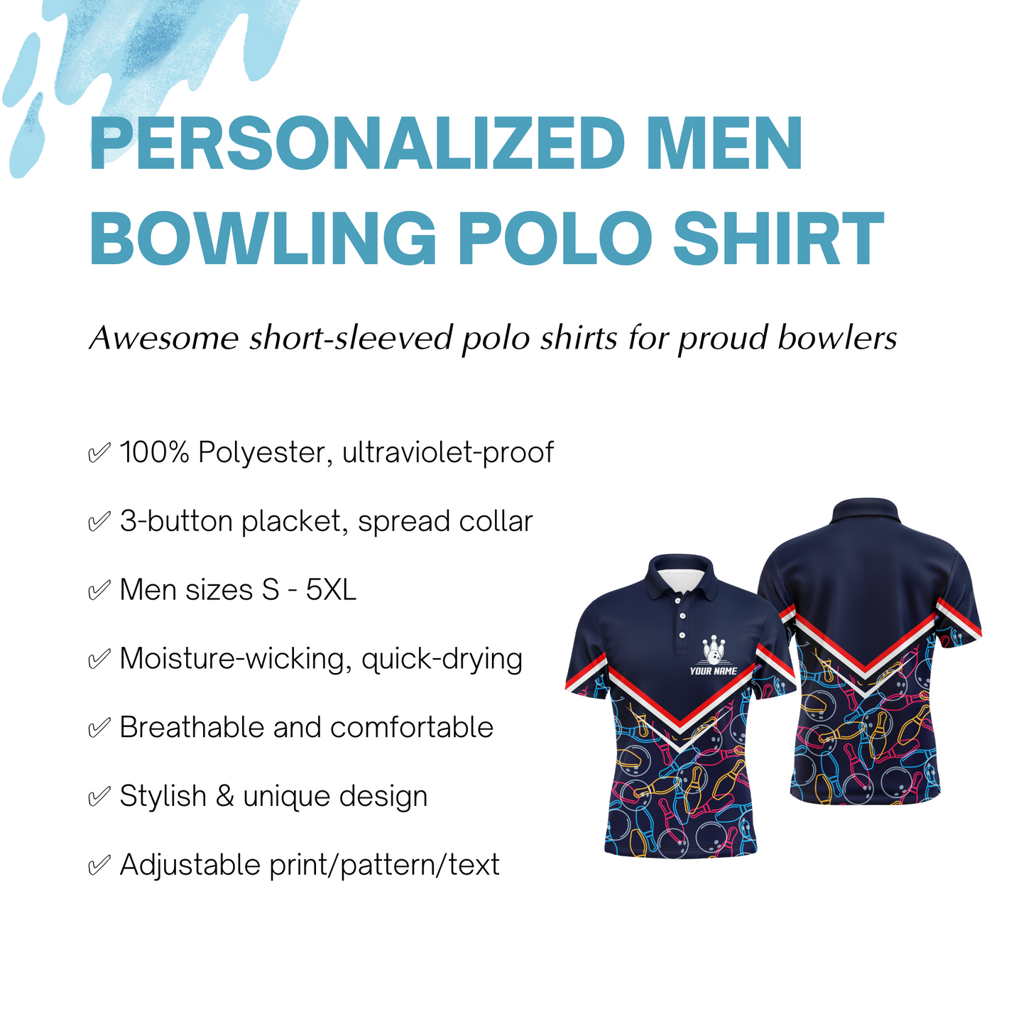 Custom Men Polo Bowling Shirt Navy Blue Bowling Pins and Ball Pattern Short Sleeve Men Bowlers NBP05