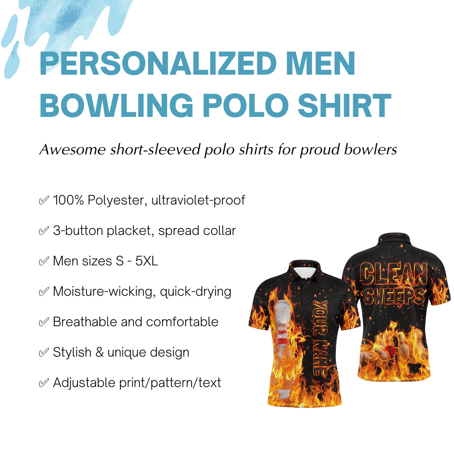 Flame Men Polo Bowling Shirt, Clean Sweeps Personalized Team Bowlers Jersey NBP80