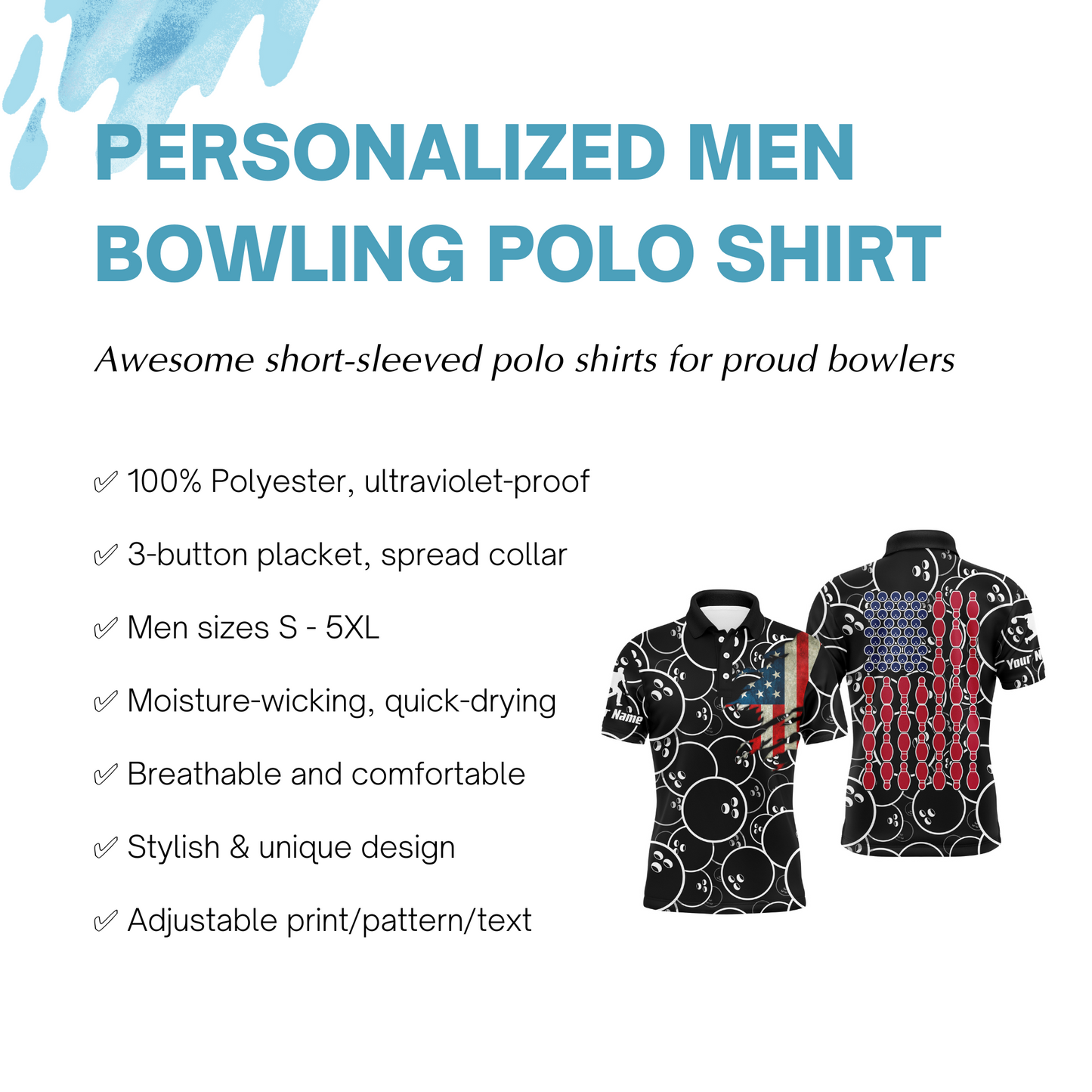 Custom American Flag Men Polo Bowling Shirt Black USA Bowling Short Sleeve Polo Men Bowlers NBP01