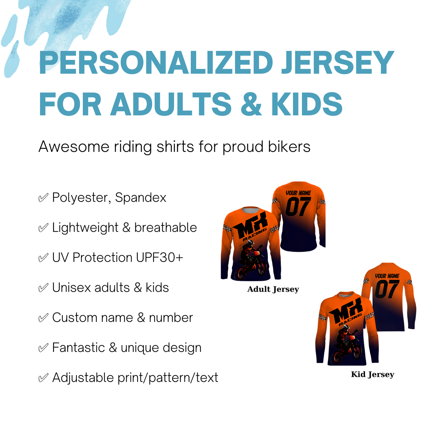 Orange custom motocross jersey UPF30+ adult&kid MX racing dirt bike off-road motorcycle| NMS856