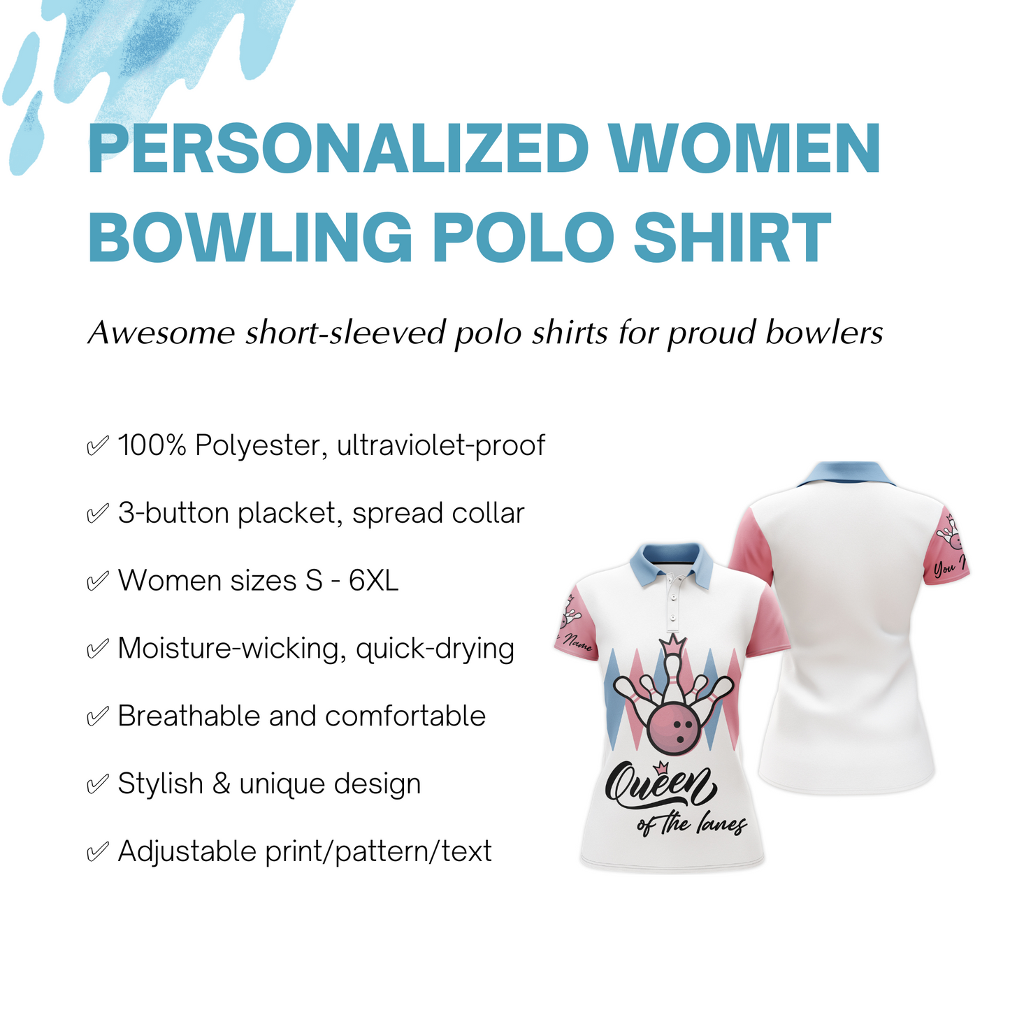 Personalized Women Polo Bowling Shirt, Queen of The Lanes, Short Sleeve Female Bowlers Jersey NBP30